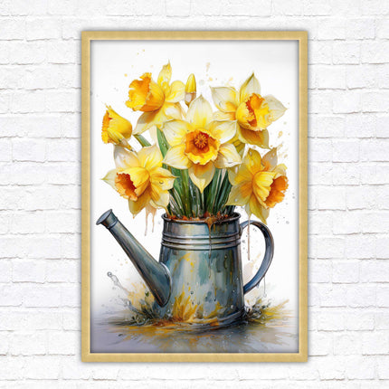 Daffodils. Printed, Framed picture with choice of frame colours and options. Spring Daffodils in vintage watering can.