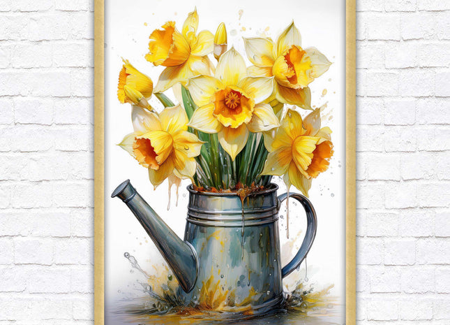Daffodils. Printed, Framed picture with choice of frame colours and options. Spring Daffodils in vintage watering can.