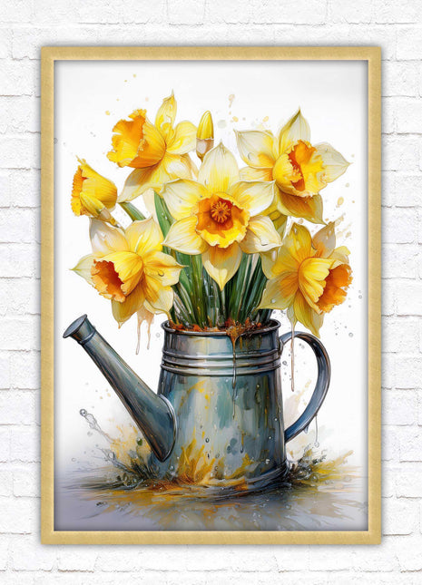 Daffodils. Printed, Framed picture with choice of frame colours and options. Spring Daffodils in vintage watering can.
