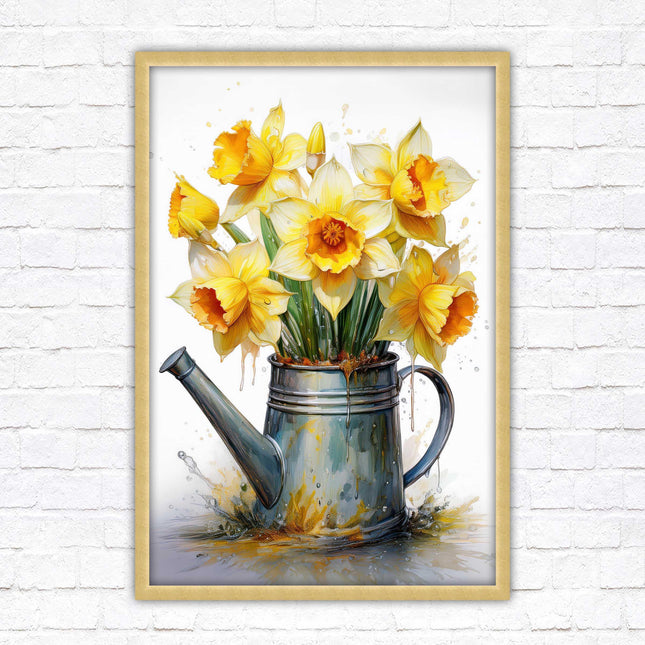 Daffodils. Printed, Framed picture with choice of frame colours and options. Spring Daffodils in vintage watering can.