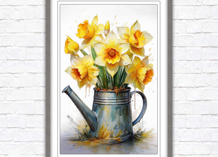 Daffodils. Printed, Framed picture with choice of frame colours and options. Spring Daffodils in vintage watering can.