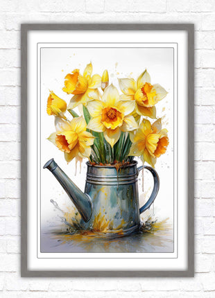 Daffodils. Printed, Framed picture with choice of frame colours and options. Spring Daffodils in vintage watering can.