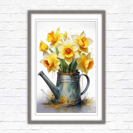Daffodils. Printed, Framed picture with choice of frame colours and options. Spring Daffodils in vintage watering can.