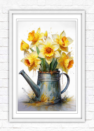 Daffodils. Printed, Framed picture with choice of frame colours and options. Spring Daffodils in vintage watering can.