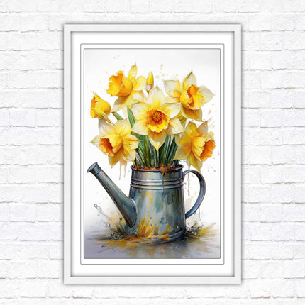 Daffodils. Printed, Framed picture with choice of frame colours and options. Spring Daffodils in vintage watering can.