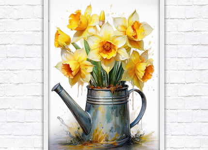 Daffodils. Printed, Framed picture with choice of frame colours and options. Spring Daffodils in vintage watering can.