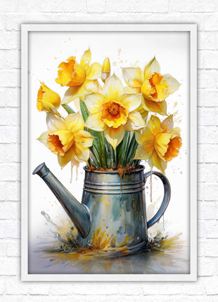 Daffodils. Printed, Framed picture with choice of frame colours and options. Spring Daffodils in vintage watering can.