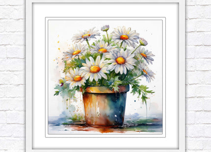 Daisies. Framed picture print. Pretty potted daisies. Framed wall art. A choice of frames and sizes, square.