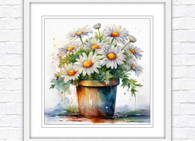 Daisies. Framed picture print. Pretty potted daisies. Framed wall art. A choice of frames and sizes, square.