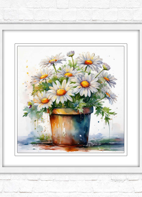 Daisies. Framed picture print. Pretty potted daisies. Framed wall art. A choice of frames and sizes, square.