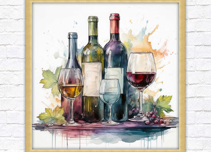 Wine bottles Framed picture print. Watercolour painting. A choice of frames and sizes, square.