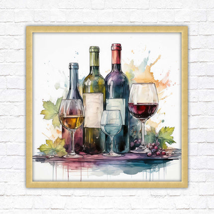 Wine bottles Framed picture print. Watercolour painting. A choice of frames and sizes, square.