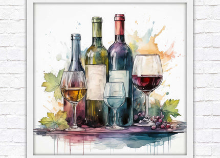 Wine bottles Framed picture print. Watercolour painting. A choice of frames and sizes, square.
