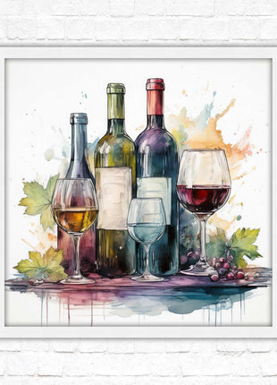 Wine bottles Framed picture print. Watercolour painting. A choice of frames and sizes, square.