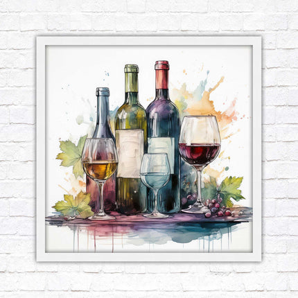Wine bottles Framed picture print. Watercolour painting. A choice of frames and sizes, square.