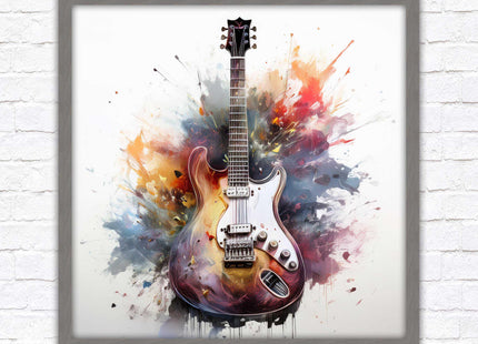Guitar picture in frame. Framed watercolour wall art. Home gift, wall décor A choice of frames and sizes, square