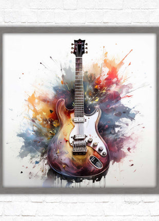 Guitar picture in frame. Framed watercolour wall art. Home gift, wall décor A choice of frames and sizes, square