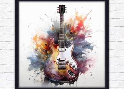 Guitar picture in frame. Framed watercolour wall art. Home gift, wall décor A choice of frames and sizes, square