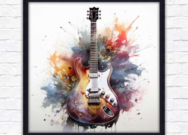 Guitar picture in frame. Framed watercolour wall art. Home gift, wall décor A choice of frames and sizes, square