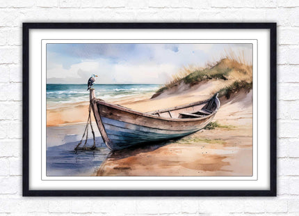 Framed picture, Boat on the beach soft watercolour painting print. Beach seascape. Choice of frame styles available.