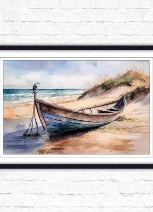 Framed picture, Boat on the beach soft watercolour painting print. Beach seascape. Choice of frame styles available.