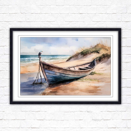 Framed picture, Boat on the beach soft watercolour painting print. Beach seascape. Choice of frame styles available.