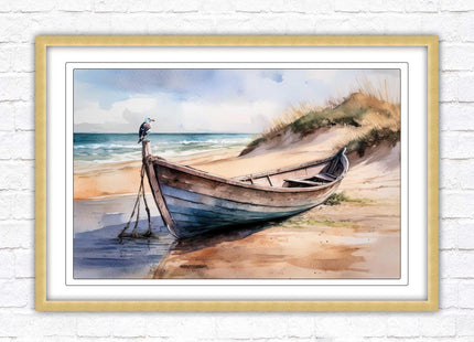 Framed picture, Boat on the beach soft watercolour painting print. Beach seascape. Choice of frame styles available.