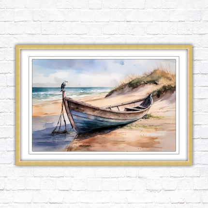Framed picture, Boat on the beach soft watercolour painting print. Beach seascape. Choice of frame styles available.
