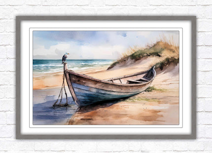Framed picture, Boat on the beach soft watercolour painting print. Beach seascape. Choice of frame styles available.