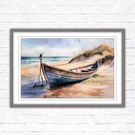 Framed picture, Boat on the beach soft watercolour painting print. Beach seascape. Choice of frame styles available.