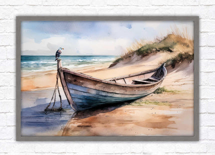 Framed picture, Boat on the beach soft watercolour painting print. Beach seascape. Choice of frame styles available.