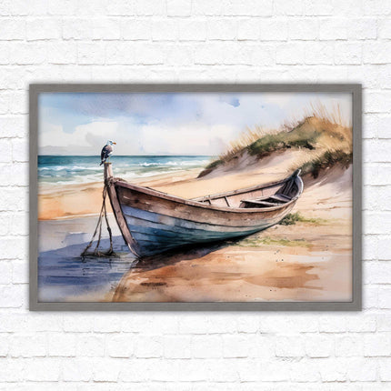 Framed picture, Boat on the beach soft watercolour painting print. Beach seascape. Choice of frame styles available.