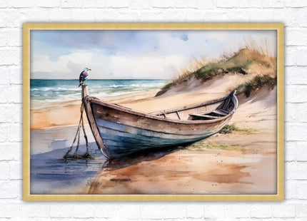Framed picture, Boat on the beach soft watercolour painting print. Beach seascape. Choice of frame styles available.