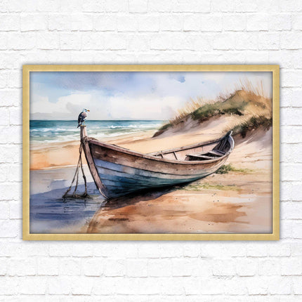 Framed picture, Boat on the beach soft watercolour painting print. Beach seascape. Choice of frame styles available.