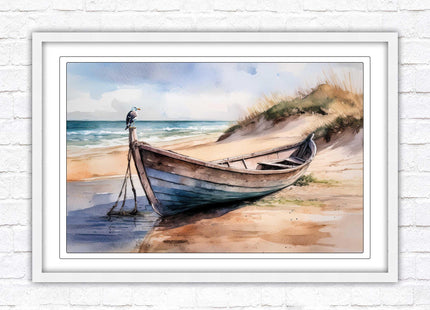Framed picture, Boat on the beach soft watercolour painting print. Beach seascape. Choice of frame styles available.