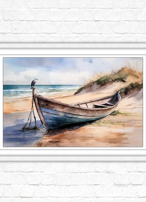 Framed picture, Boat on the beach soft watercolour painting print. Beach seascape. Choice of frame styles available.