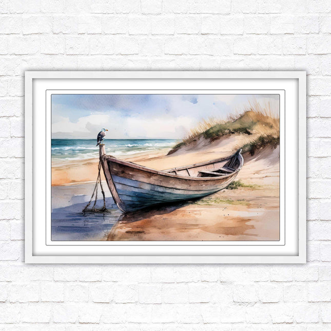 Framed picture, Boat on the beach soft watercolour painting print. Beach seascape. Choice of frame styles available.