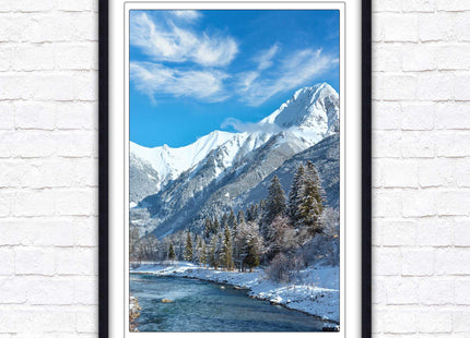 Framed picture Winter landscape of river and mountains, Austria. Choice of frame colours and options.