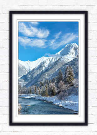 Framed picture Winter landscape of river and mountains, Austria. Choice of frame colours and options.