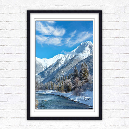 Framed picture Winter landscape of river and mountains, Austria. Choice of frame colours and options.