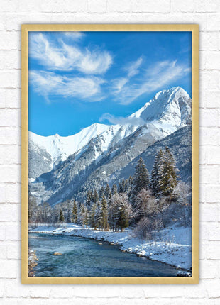 Framed picture Winter landscape of river and mountains, Austria. Choice of frame colours and options.