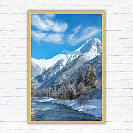 Framed picture Winter landscape of river and mountains, Austria. Choice of frame colours and options.