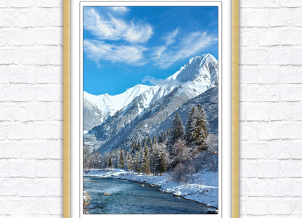 Framed picture Winter landscape of river and mountains, Austria. Choice of frame colours and options.