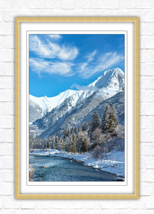 Framed picture Winter landscape of river and mountains, Austria. Choice of frame colours and options.