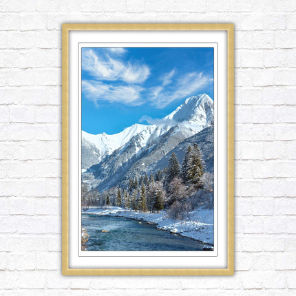 Framed picture Winter landscape of river and mountains, Austria. Choice of frame colours and options.