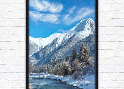 Framed picture Winter landscape of river and mountains, Austria. Choice of frame colours and options.