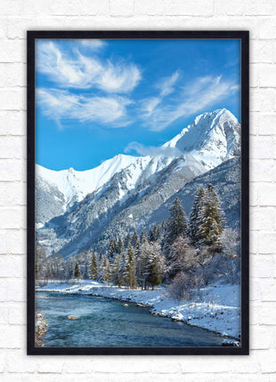 Framed picture Winter landscape of river and mountains, Austria. Choice of frame colours and options.