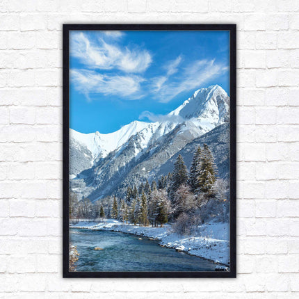 Framed picture Winter landscape of river and mountains, Austria. Choice of frame colours and options.