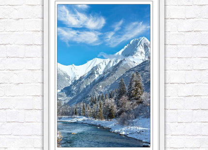 Framed picture Winter landscape of river and mountains, Austria. Choice of frame colours and options.