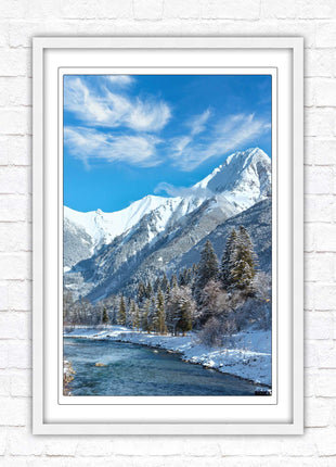 Framed picture Winter landscape of river and mountains, Austria. Choice of frame colours and options.